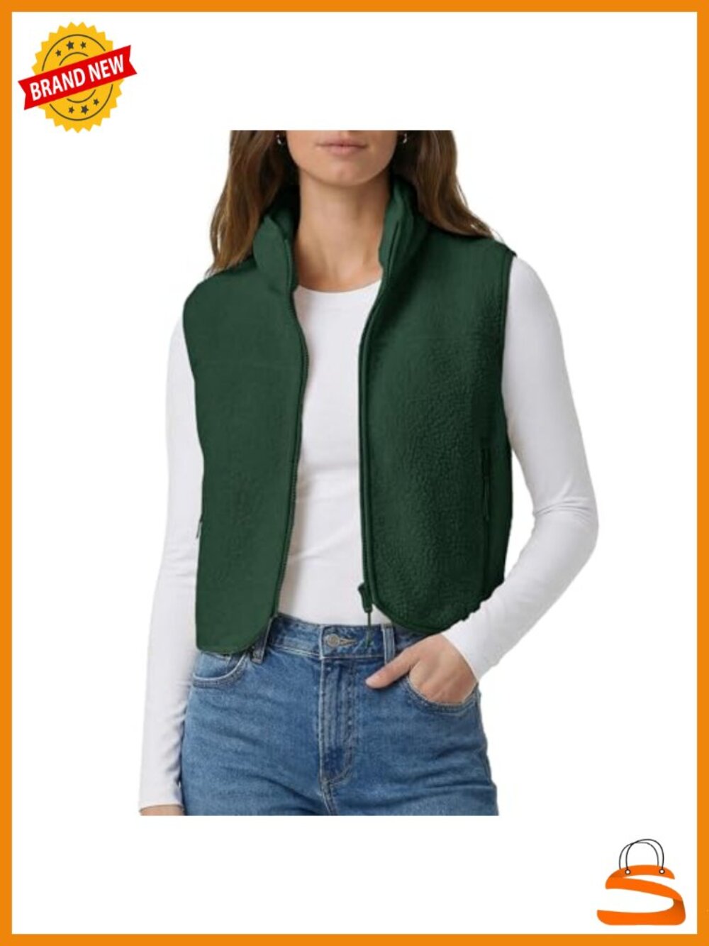 Sherpa Fleece Cropped Vest Sleeveless Zip-Up Mockneck with Pockets
